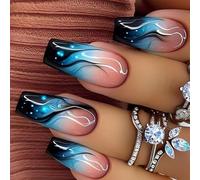 Ballerines Longues À Pression 24 Pièces Faux Ongles En Acrylique Dégradés De Bleu Flamme Couverture Complète Brillante À Coller