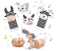 Ballery Bébé Poignet et Chaussettes Hochet, 4 Pcs Hochet Bebe Bell Strap Poignet et Pied Finder Jouets d'éveil Développement Sensoriel Cadeau pour nouveau-nés bébé de 0 à 12 mois