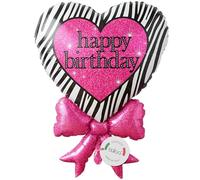balloa Ballon en aluminium XXL en forme de cœur Happy Birthday zèbre rose - Décoration d'anniversaire - Ballon en forme de cœur rose avec nœud - 61 cm