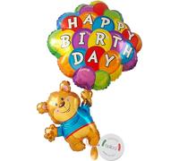 balloa Ballon gonflable XXL en aluminium Happy Birthday - Ballon à l'hélium - Motif ourson - Pour fête, anniversaire d'enfant, décoration de fête d'anniversaire pour filles et garçons - 86 cm