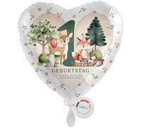 balloa Ballon gonflable XXL en forme de cœur d'animaux de la forêt, cadeau pour 1er anniversaire, ballon à l'hélium pour anniversaire d'enfant, décoration de fête avec motif renard, cerf, hérisson