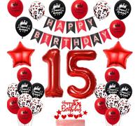 Ballon 15 ans anniversaire fille Décoration,Noir rouge Décoration gâteau anniversaire 15 ans fille,Décoration fête 15 ans anniversaire fille,Décoration gâteau 15 ans anniversaire fille ballon