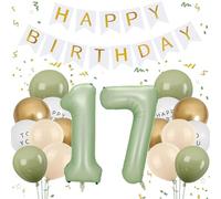 Ballon 17 ans Anniversaire Fille Garçon, Decoration Anniversaire 17 ans Vert Sauge, Bannière Joyeux Anniversaire, Chiffre 17 Ballons Vert Sauge Or Blanc Kit Ballon 17 Pack de Décoration de Fête