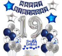 Ballon 19 ans anniversaire garcon bleu Décoration 19 ans garcon anniversaire bleu argent Ballon Décoration anniversaire 19 ans garcon Ballons 19 ans anniversaire argent Bannière Happy Birthday