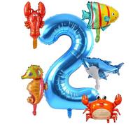 Ballon 2 Ans Anniversaire, 6 Pièces Anniversaire Animaux Océan Ballons, Ballon 2 Ans Bleu, Ballons de Fête, Marine Animal ballons en Aluminium pour Anniversaire, Fête Thème Animaux Marins