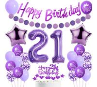 Ballon 21 ans violet Femme,Décoration gâteau 21 ans anniversaire violet,Décoration fête 21 ans anniversaire Femme,Ballons anniversaire 21 ans violet,Décoration anniversaire 21 ans Femme violet
