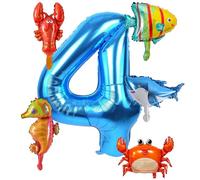 Ballon 4 Ans Anniversaire, 6 Pièces Anniversaire Animaux Océan Ballons, Ballon 4 Ans Bleu, Ballons de Fête, Marine Animal ballons en Aluminium pour Anniversaire, Fête Thème Animaux Marins