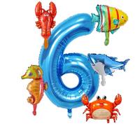 Ballon 6 Ans Anniversaire, 6 Pièces Anniversaire Animaux Océan Ballons, Ballon 6 Ans Bleu, Ballons de Fête, Marine Animal ballons en Aluminium pour Anniversaire, Fête Thème Animaux Marins