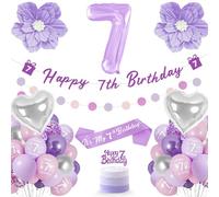 Ballon 7 Ans, Decoration Anniversaire 7 Ans, Décoration à Thème Violet y Compris Insert à Gâteau, Sangles, Fleurs Violettes, Anniversaire Ballon Sept Ans Fille