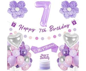 Ballon 7 Ans, Decoration Anniversaire 7 Ans, Décoration à Thème Violet y Compris Insert à Gâteau, Sangles, Fleurs Violettes, Anniversaire Ballon Sept Ans Fille