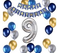 Ballon 9e anniversaire fête bleu Happy 9e anniversaire bannière argent numéro 9 feuille latex ballons décoration d'anniversaire pour garçon fils 9 ans décoration d'anniversaire (9)