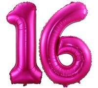 Ballon à l'hélium en forme de chiffre 16 en feuille d'aluminium Mylar géant en forme de chiffre 101,6 cm pour femme, décoration de fête d'anniversaire, de mariage, rose vif