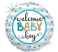 Grabo Balloons - BALLON ALU ROND RAYÉ BLEU WELCOME BABY BOY 46CM