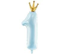 PartyDeco Ballon Chiffre 1 XXL – Couronne dorée – 1er anniversaire (Bleu)