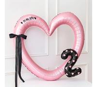 Ballon Aluminium Rose (Ensemble cœur fin rose A + petit chiffre noir 2) | Ballon géant en forme de cœur idéal pour les anniversaires d'enfants, structure creuse pour photos, facile à gonfler