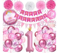 Ballon Anniversaire 1 Ans, Decoration Anniversaire Rose avec Ballon Rose Aluminium Numéro 1, Bannière Happy Birthday, Décoration De Gâteaux pour Enfant Fille Birthday Party Décorations