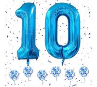 Ballon Anniversaire 10 Ans Bleus, 40 Pouces Foil Helium Numéro Ballons avec 6Pcs Ballons Confetti Bleus pour 10e Garçons Filles Femme Homme Anniversaire D'anniversaire Fête Décoration