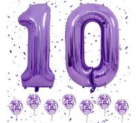 Ballon Anniversaire 10 Ans Pourpre, 40 Pouces Foil Helium Numéro Ballons avec 6Pcs Ballons Confetti Violet pour 10e Garçons Filles Femme Homme Anniversaire D'anniversaire Fête Décoration