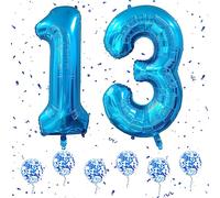 Ballon Anniversaire 13 Ans Bleus, 40 Pouces Foil Helium Numéro Ballons avec 6Pcs Ballons Confetti Bleus pour 13e 31e Garçons Filles Femme Homme Anniversaire D'anniversaire Fête Décoration