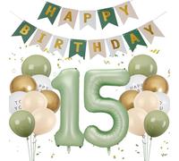 Ballon Anniversaire 15 ans Vert et Or, Decoration Anniversaire 15 ans Garcon Fille, Ballon 15 ans Anniversaire de Fête, Ballon Chiffre 15 Vert Sauge, Kit Ballon Anniversaire pour 15 ans Fille Garcon