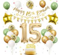 Ballon Anniversaire 15 Ans Vert Or, Décoration Anniversaire pour Fille et Garçon
