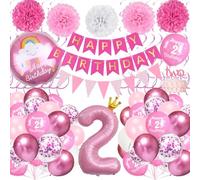 Ballon Anniversaire 2 Ans, Decoration Anniversaire Rose avec Ballon Rose Aluminium Numéro 2, Bannière Happy Birthday, Décoration De Gâteaux pour Enfant Fille Birthday Party Décorations