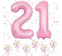 Ballon Anniversaire 21 Ans Rose, 40 Pouces Foil Helium Numéro Ballons avec 6Pcs Ballons Confetti Rose pour 21e 12e Garçons Filles Femme Homme Anniversaire D'anniversaire Fête Décoration