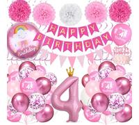 Ballon Anniversaire 4 Ans, Decoration Anniversaire Rose avec Ballon Rose Aluminium Numéro 4, Bannière Happy Birthday, Décoration De Gâteaux pour Enfant Fille Birthday Party Décorations