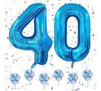 Ballon Anniversaire 40 Ans Bleus, 40 Pouces Foil Helium Numéro Ballons avec 6Pcs Ballons Confetti Bleus pour 40e Garçons Filles Femme Homme Anniversaire D'anniversaire Fête Décoration