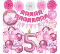 Ballon Anniversaire 5 Ans, Decoration Anniversaire Rose avec Ballon Rose Aluminium Numéro 5, Bannière Happy Birthday, Décoration De Gâteaux pour Enfant Fille Birthday Party Décorations