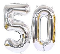 Ballon Anniversaire 50 Ans Argenté - 100 CM Chiffre Numéro Décoration Fête - Vole Grâce à l'Hélium - Happy Birthday