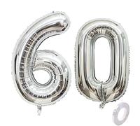 Ballon Anniversaire 60 Ans argenté, 100 CM Ballon Chiffre Numéro 60 argenté Décoration Anniversaire 60 Ans Décoration Fête Vole Grâce à l'Hèlium Happy Birthday Deco Ballons 60 Ans Anniversaire