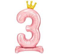Ballon chiffre 3 feuille base avec couronne de 105 cm couleur rose - Anniversaire d'enfant fille, décoration ballons anniversaire enfant fille, ballons chiffres avec base.