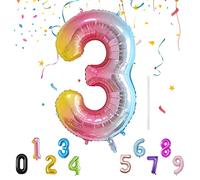 Ballon Chiffre Numéro avec 1 Paille, 101CM - 40” Géant Ballons à l'Hélium pour Fêtes d'Anniversaire, Ballon de Numéro en Réutilisables - Ballon Numéro 3 Ans Doré, Arc-en-ciel