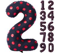 Ballon d'anniversaire chiffre 2 noir mat 101,6 cm | Ballon en forme de chiffre 2 à pois noirs et rouges pour 2ème garçons et filles sur le thème noir pour fête d'anniversaire