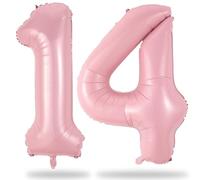 Ballon d'anniversaire en forme de chiffre de 14 ans - Taille XXL - Rose clair - Ballon en aluminium - Vole à l'hélium - Décoration d'anniversaire pour fille du 14e anniversaire - Rose pastel