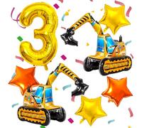 Ballon de chantier autoportant en forme de chiffre 3 pour enfants - Motif pelleteuse 4D - Étoile dorée et orange - Décoration de fête d'anniversaire