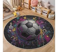 Ballon De Foot Tagué Sur Un Mur De Briques Tapis Rond Lavable 120cm, Art Des Éclaboussures D'Aquarelle Tapis Rond De Sol Antidérapant Pour Entrée De La Salle De Jeux De La Chambre D'enfant, Noir