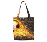 Ballon de football dans les flammes d'un feu brûlant，Sacs d'épicerie réutilisables, sacs fourre-tout de grande capacité, sac à bandoulière en toile