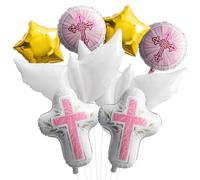 Ballon de Première Communion - 8 Pièces en Aluminium, Colombe Croix Étoile, pour Baptême Enfants Fête Décoration (Rose)