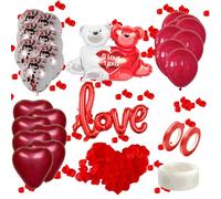 Ballon de Saint-Valentin - 10 Ballons 12" Rouge Pailleté + 10 Ballons 10" Rose Cœur + 1 Ballon LOVE + 1 Ballon Ours Géant + Rubans & Points de Colle - Idéal pour Décoration de Fête, Mariage, Anni