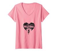 Ballon de Volleyball pour Fille avec cœur passionné T-Shirt avec Col en V, Femme, Rose, XL