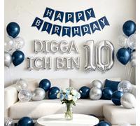 Ballon décoratif pour 10e anniversaire garçon Argenté Digga Ich Bin 10 | Digga Ich Bin Lot de 10 ballons en aluminium bleu marine pour fête d'anniversaire 10 ans