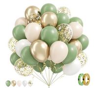 Ballon Decoration Anniversaire Vert Sauge Arche 60 Pièce 12 Pouces Helium Blanc Confettis Dorés Métallisés Gender Reveal Ballons pour Mariage Baby Shower Decoration Deco