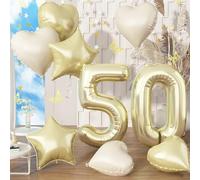Ballon en aluminium en forme de chiffre 50 - Champagne doré avec ballon en forme de cœur et étoile crème - 101 cm - Décoration d'anniversaire pour femme - Vole à l'hélium