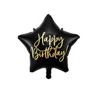 Ballon en aluminium Happy Birthday 40 cm noir en forme d'étoile FB93-010 avec inscription dorée pour fêtes de classe, original et sûr impact visuel gonflable à l'air et à l'hélium
