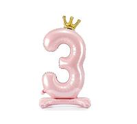 Ballon en aluminium pour 3ème anniversaire - Taille XXL - Avec pied autoportant - Pour fille - Rose - Avec couronne dorée