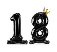 Ballon en aluminium XXL pour 18e anniversaire - Noir et doré - Avec pied autoportant - Ballon en forme de chiffre 18 ans - Noir avec couronne dorée
