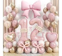 Ballon en latex en forme de chiffre 12 pour filles - 101,6 cm - Décoration de fête d'anniversaire - Rose pâle, doré, beige - Ballon en latex pour décoration de fête d'anniversaire de 12 ans
