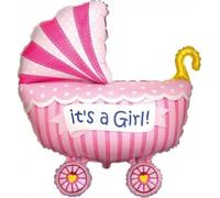 Ballon en plastique - It's a girl, C'est une fille, rose, poussette, 62 cm